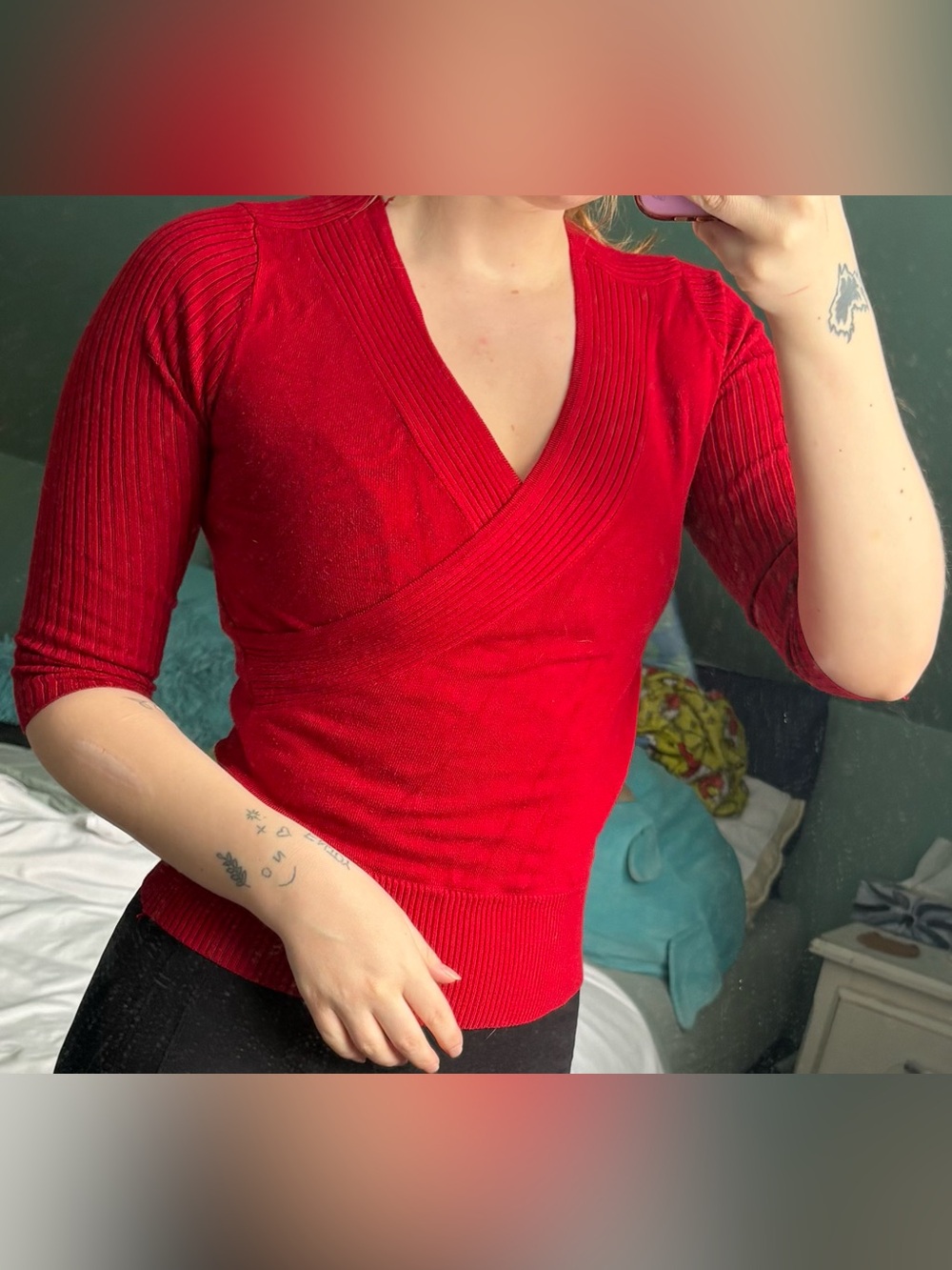 Women's Red V-Neck Wrap Ribbed Sweater